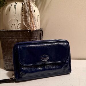 Coach Patent Leather Wristlet Wallet in Deep Navy